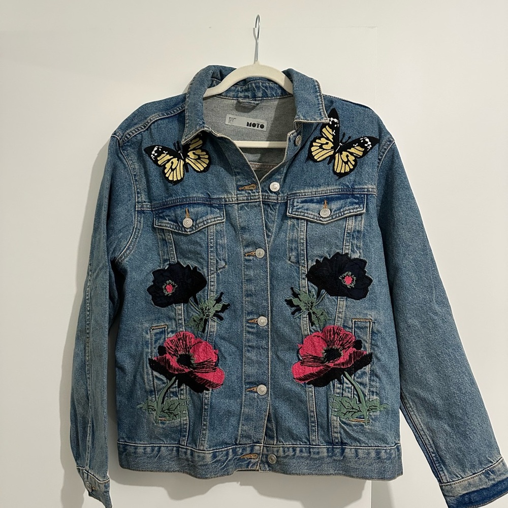 Topshop Blue Jean Jacket with Embroidered Flowers and Butterflies